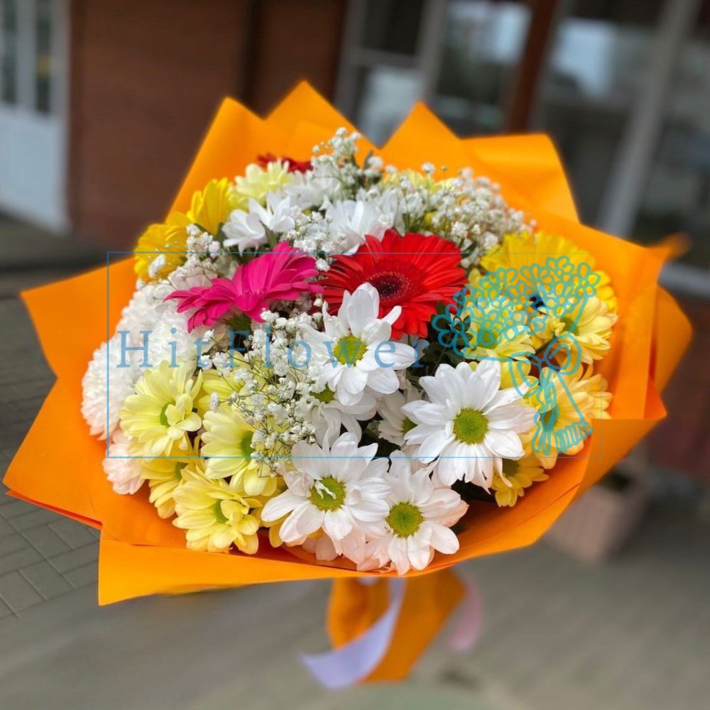 Букет цветов Летний Карнавал Букет цветов из: Хризантемы, Герберы и Гипсофила